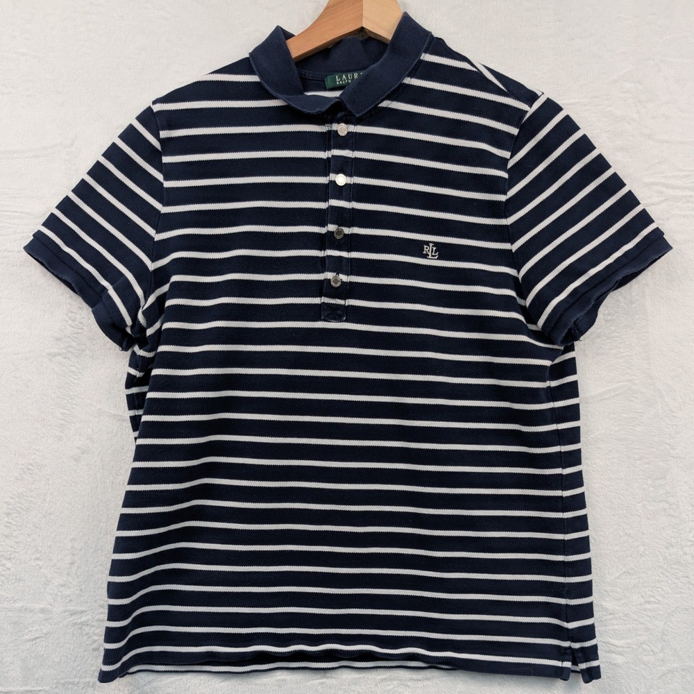 VTG Lauren Ralph Lauren Polo Shirt Women's XL Navy Striped Nautical Preppy Y2K